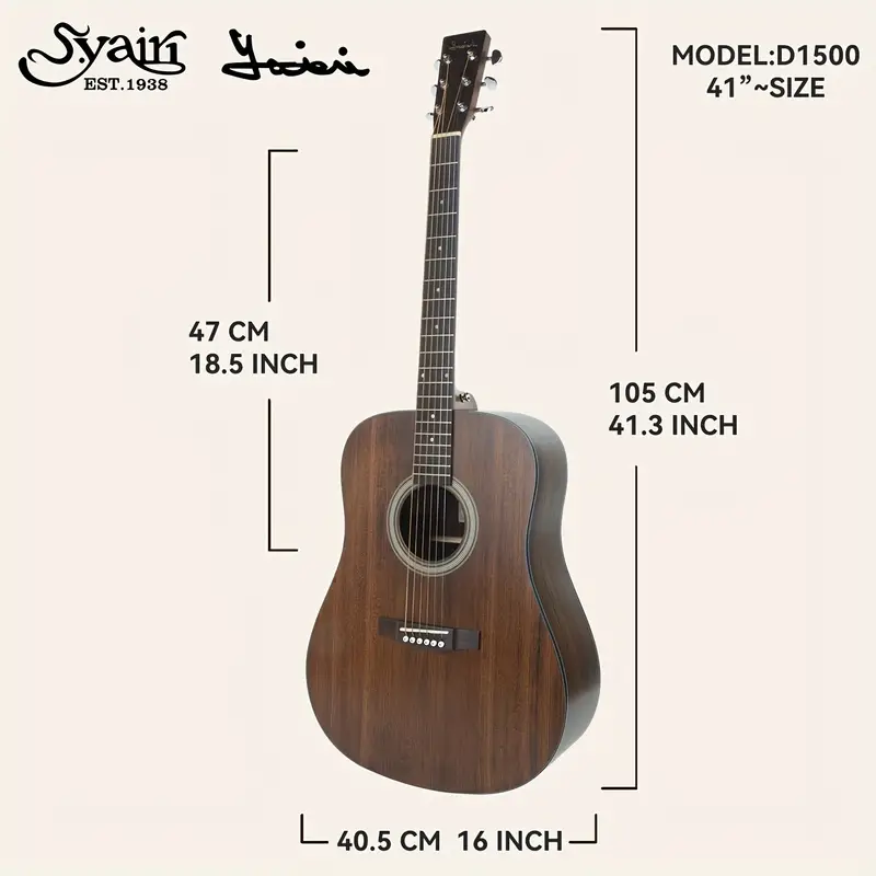 Guitar Acoustic S. YAIRI D1500 OL 104.14cm với mặt đàn bằng gỗ thông, lưng và hông bằng gỗ hồng, thiết kế cắt Venetian