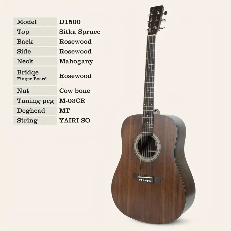 Guitar Acoustic S. YAIRI D1500 OL 104.14cm với mặt đàn bằng gỗ thông, lưng và hông bằng gỗ hồng, thiết kế cắt Venetian