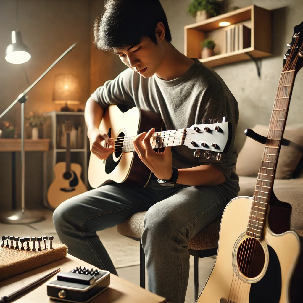 Cây guitar acoustic với người chơi đang luyện tập